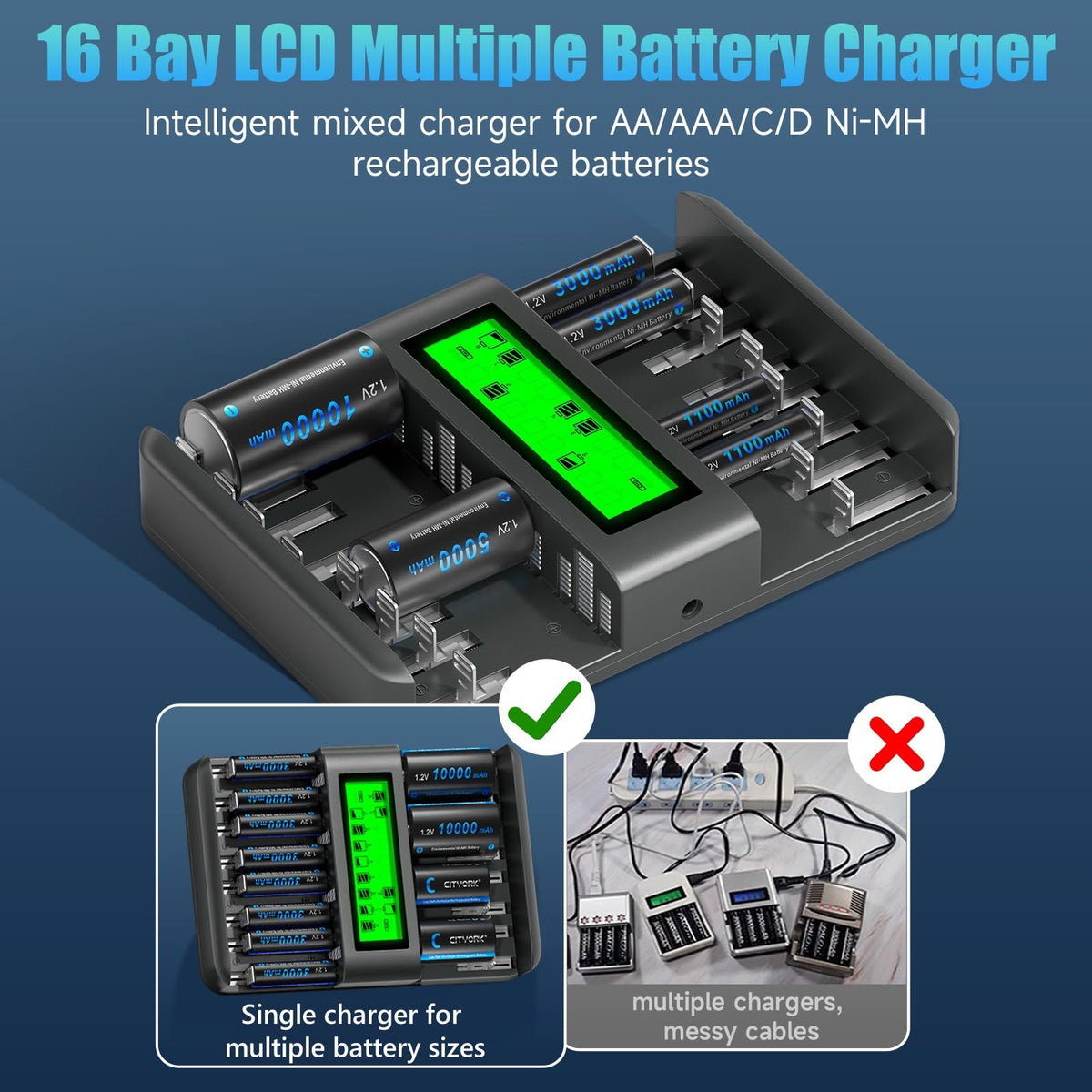 16 Bay Rechargeable Battery Charger with LCD Display V34571
