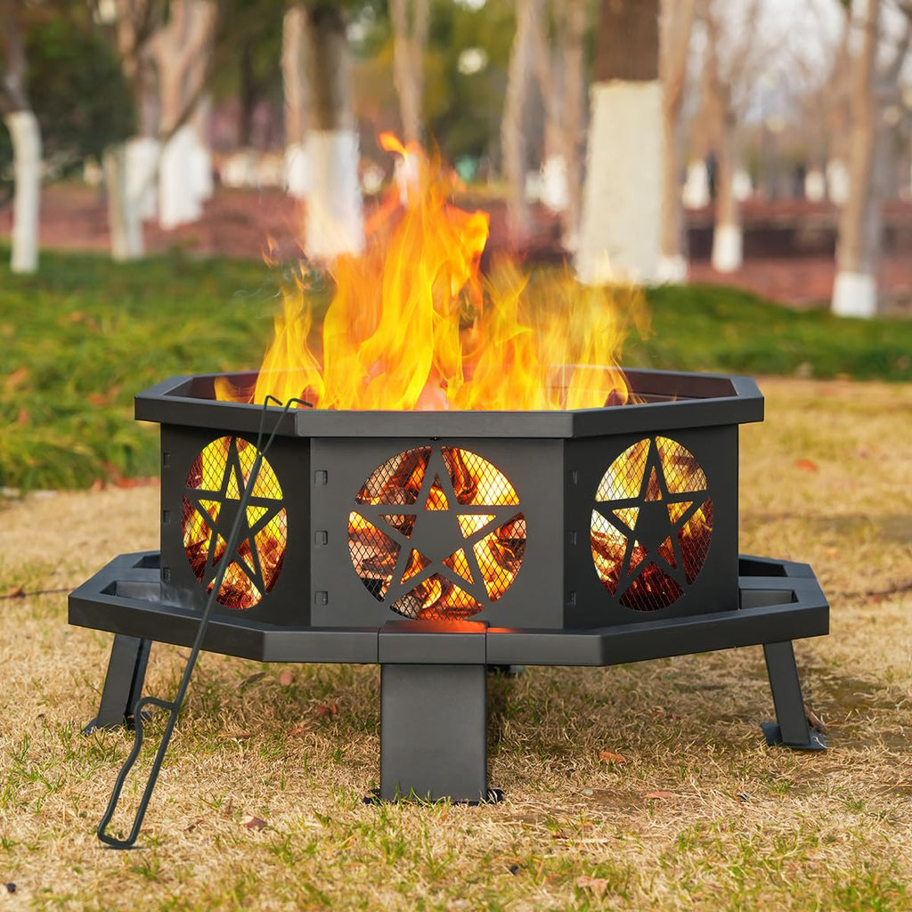 32 Inch Octagonal Fire Pit with Fire Poker Black V555