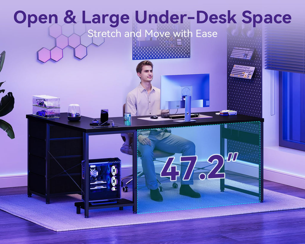 61" L Shaped Gaming Desk with 4 Drawers and Power Outlets, Black X545024