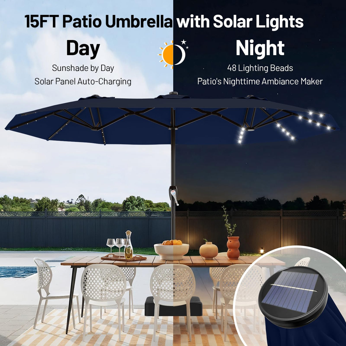 15FT Double Sided Solar Lights Patio Umbrella R252