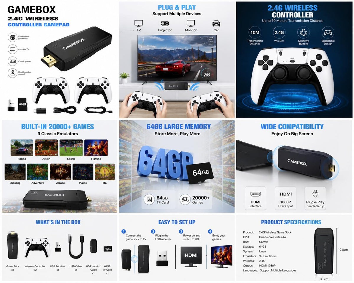 Wireless Retro Game Console with 2 Black Controllers Y7416