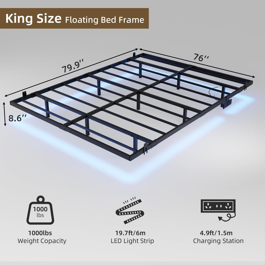 King Size Metal Platform Bed Frame with Charging Station and LED Lights F163734