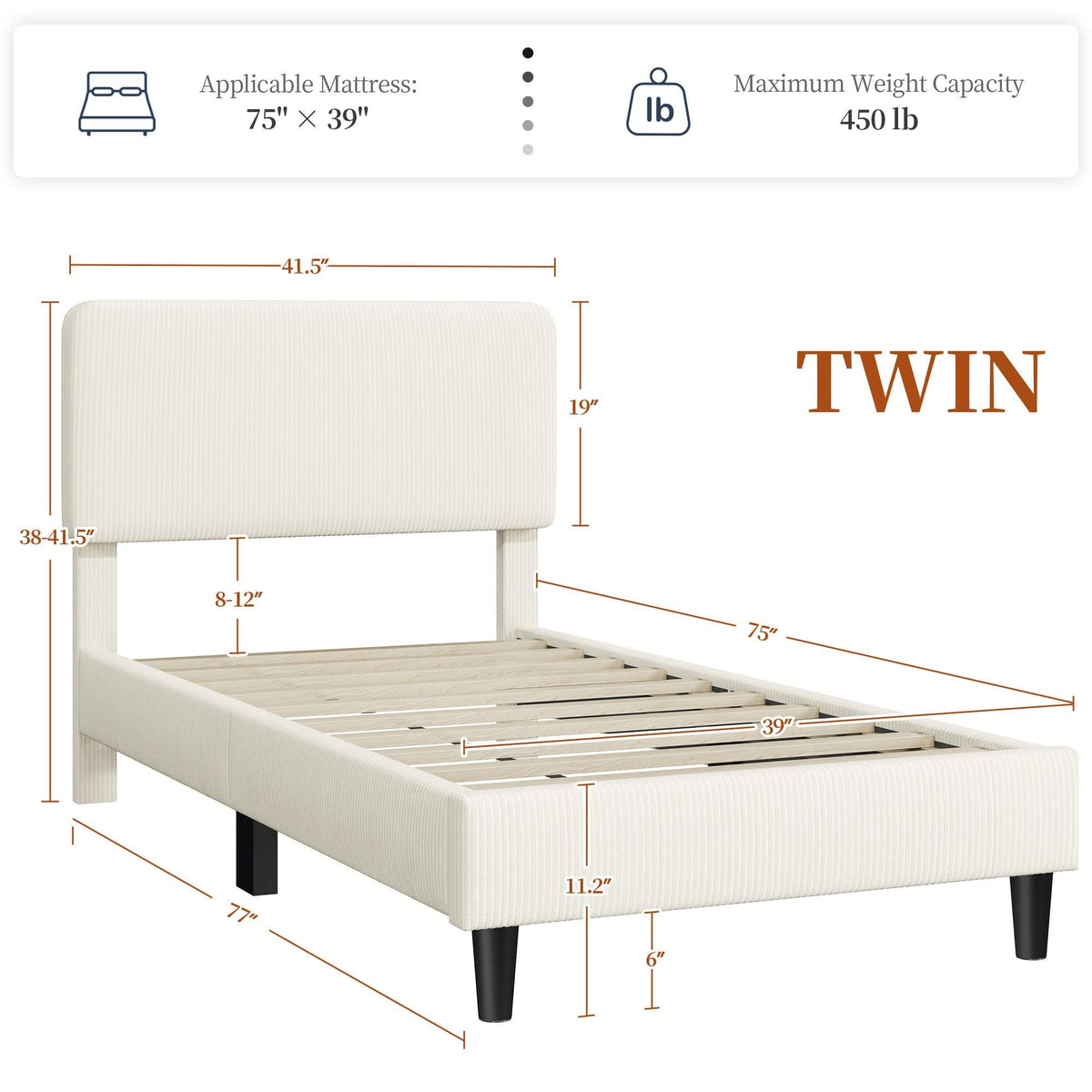 Twin Bed Frame with Adjustable Chenille Upholstered Headboard, Beige F357450