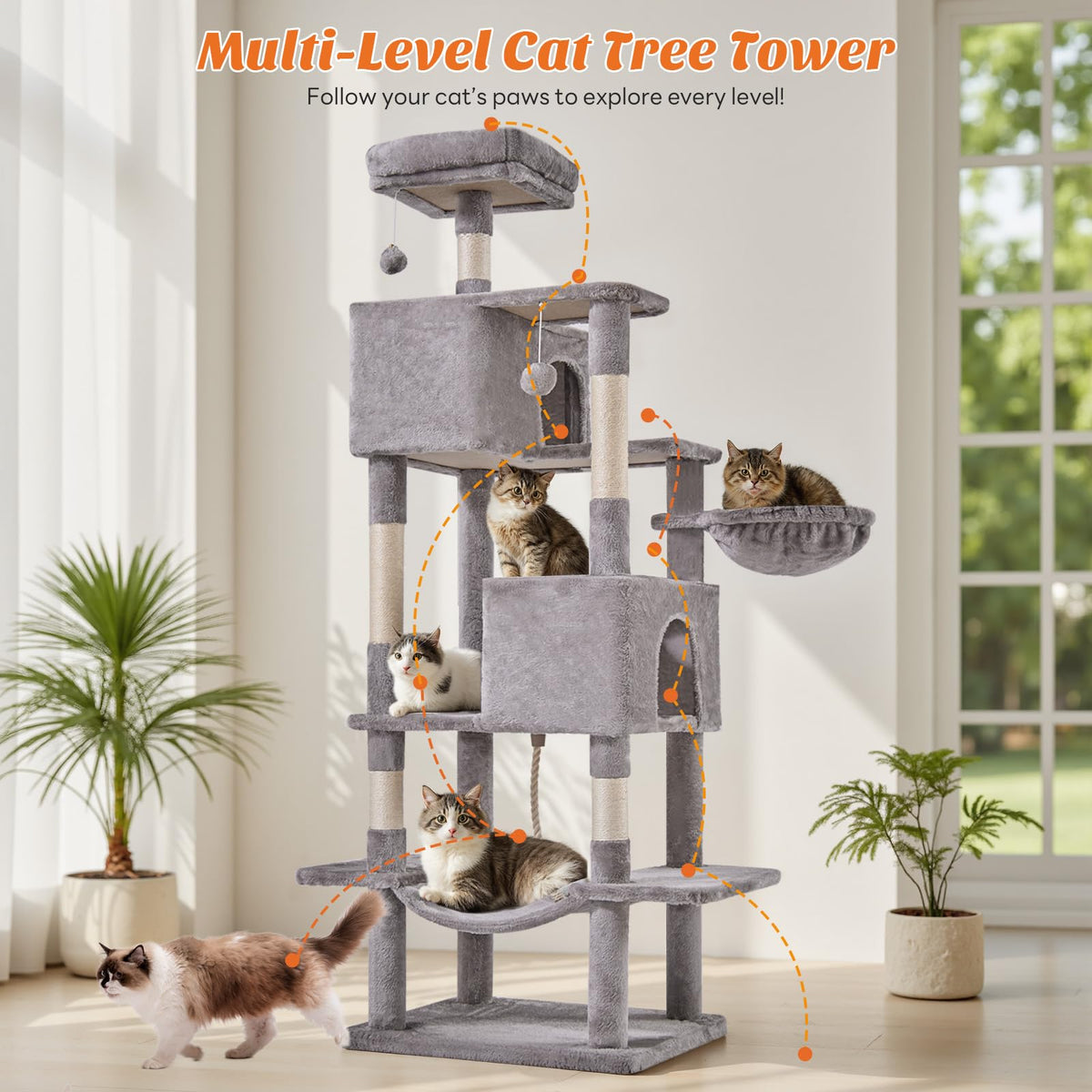 66 Inch Cat Tree Tower with Sisal Scratching Post Z32541