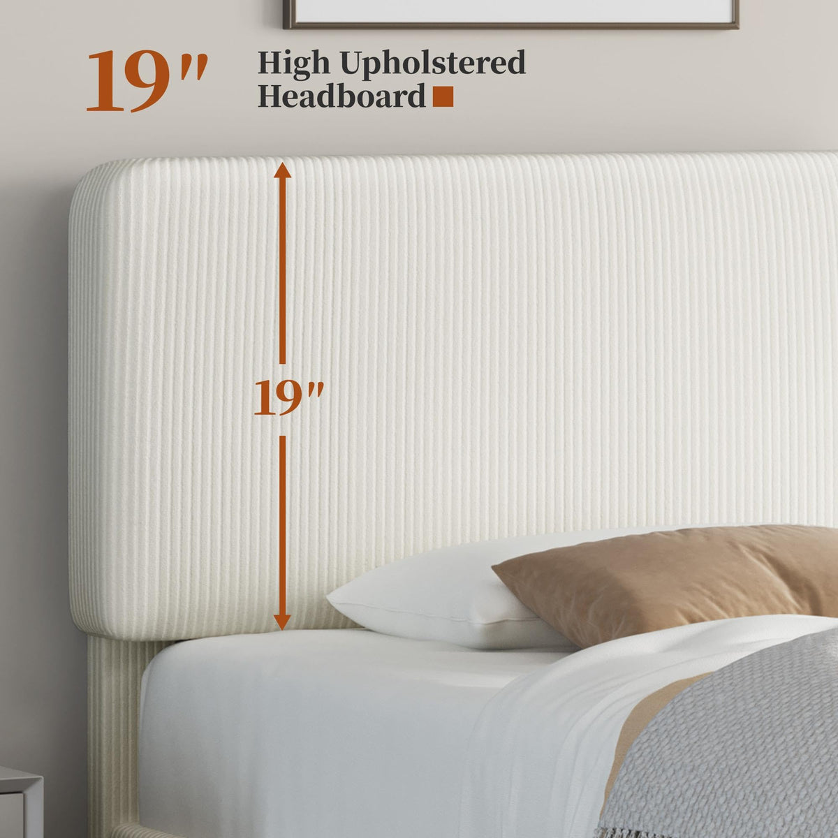 Twin Bed Frame with Adjustable Chenille Upholstered Headboard, Beige F357450