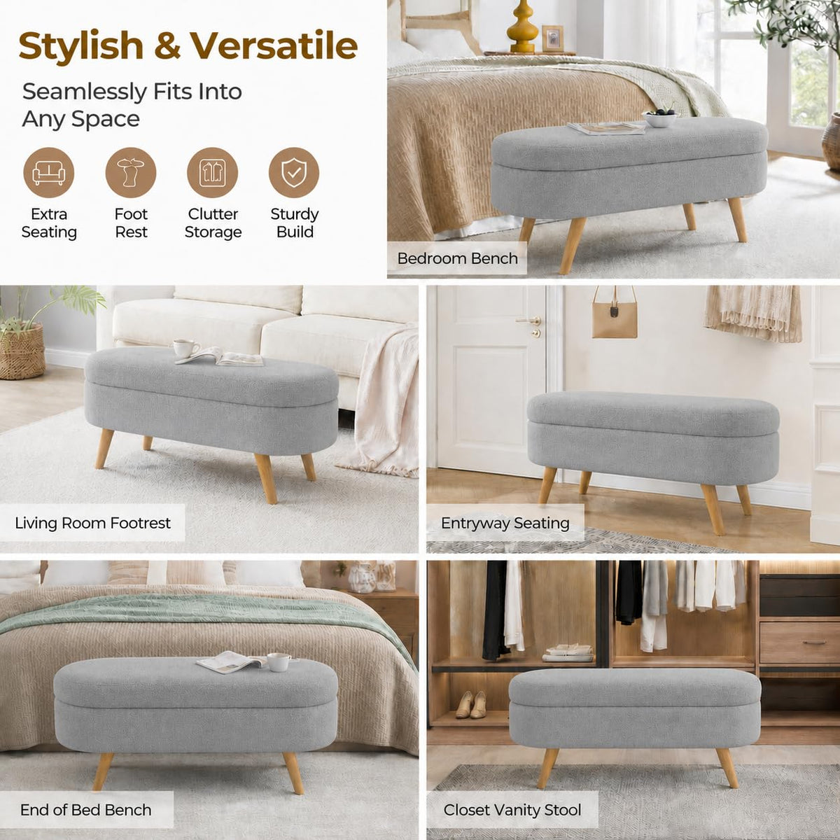 Oval Boucle Storage Ottoman with Wooden Legs S835462