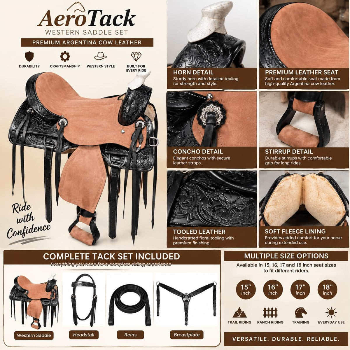 Argentina Cow Leather Saddle Set with Headstall, Reins & Breastplate U7518