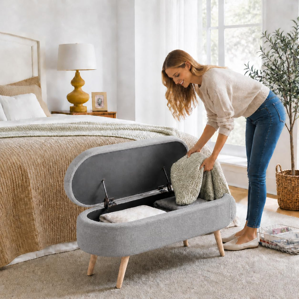 Oval Boucle Storage Ottoman with Wooden Legs S835462