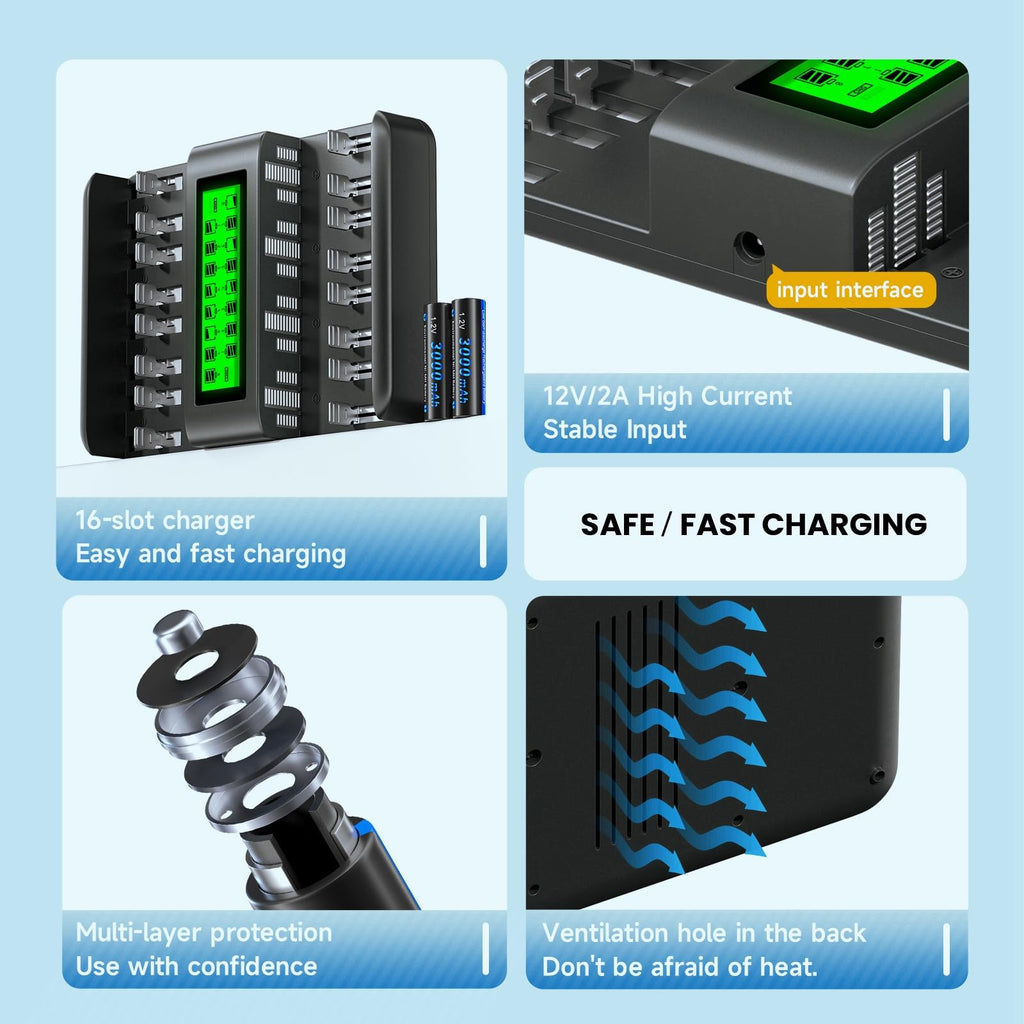 16 Bay Rechargeable Battery Charger with LCD Display V34571