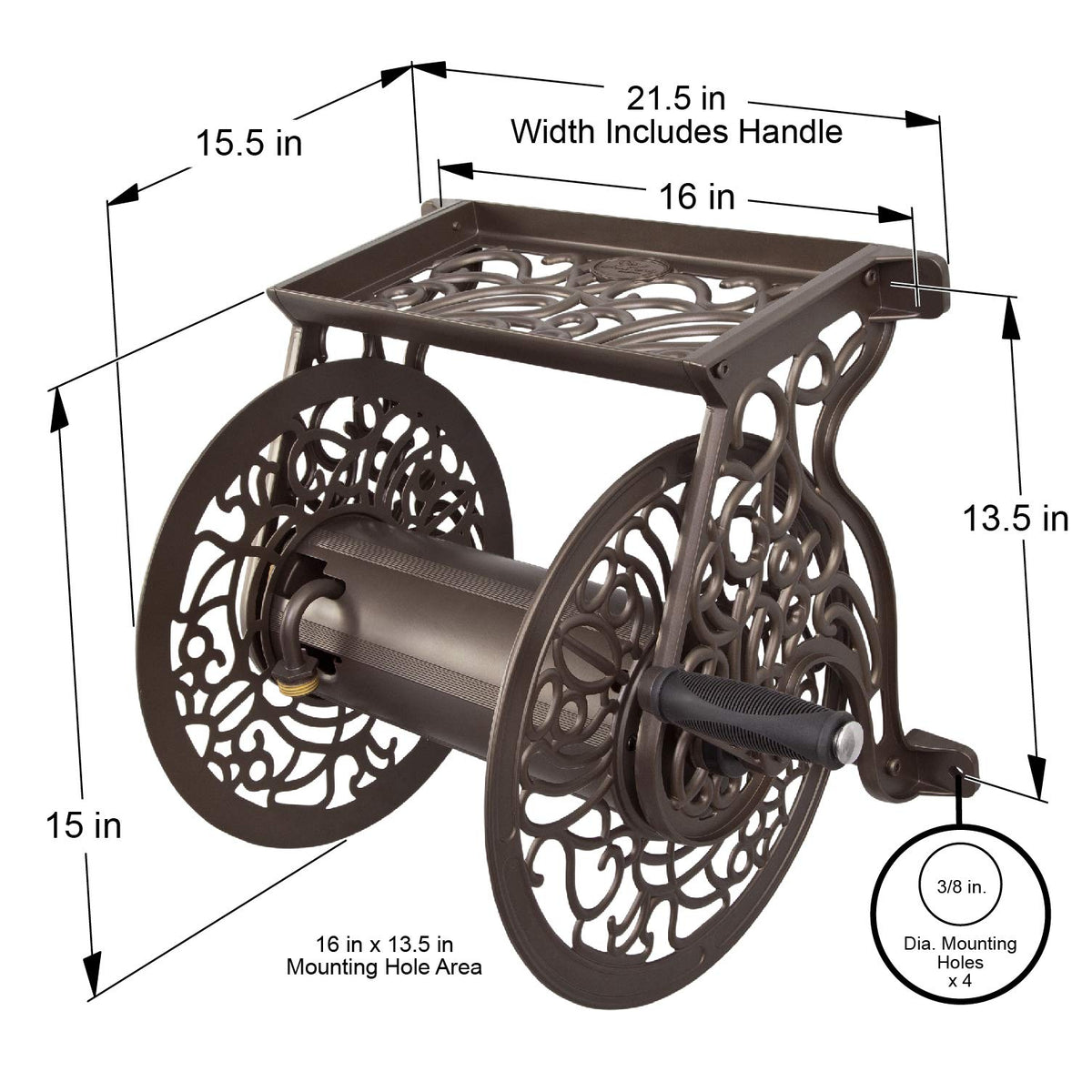 Cast Aluminum Wall Mount Hose Reel, Holds 125-Feet of 5/8-Inch Hose - Bronze E248