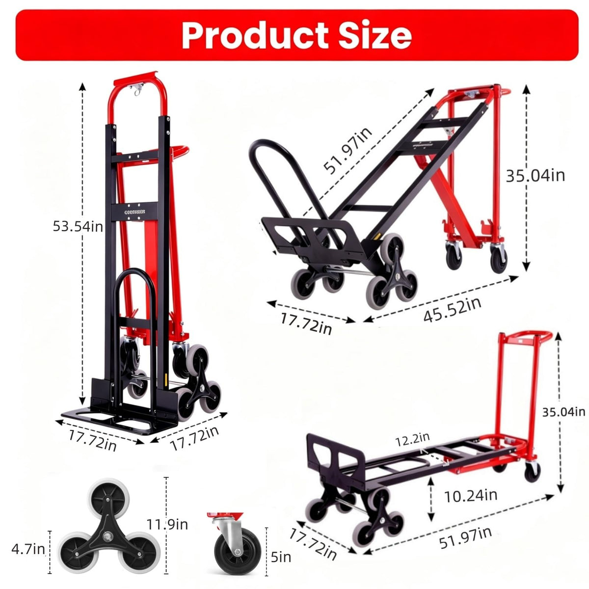 Heavy Duty 1000LBS Stair Climbing Convertible Hand Truck Cart with Solid Wheels H5832