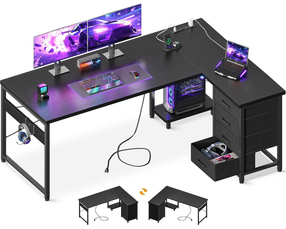 61" L Shaped Gaming Desk with 4 Drawers and Power Outlets, Black X545024