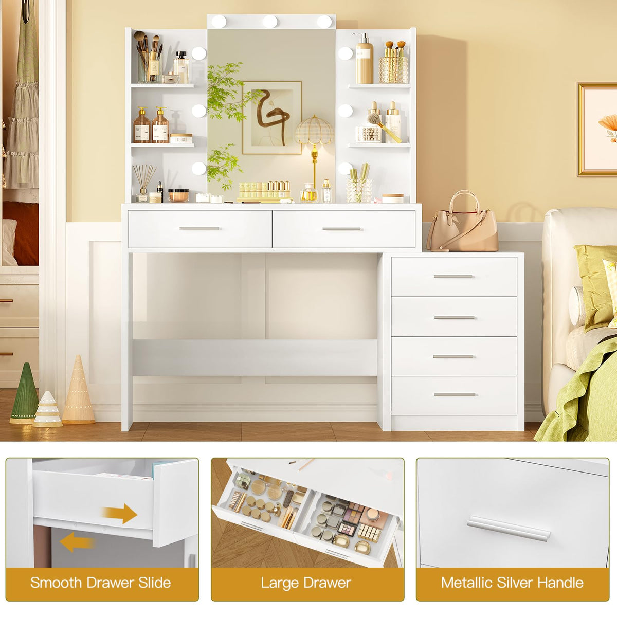 41.3" White Vanity Desk with Mirror and 9 LED Lights G7997