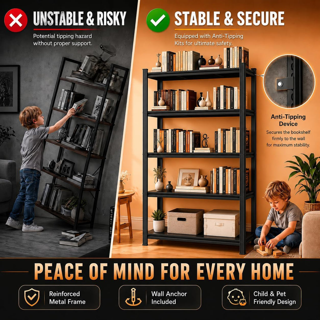 5 Tier Black Metal Bookshelf E8938