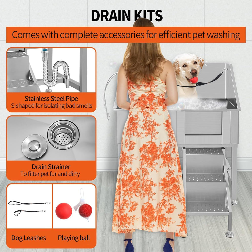 38" Stainless Steel Dog Grooming Tub with Stairs M226