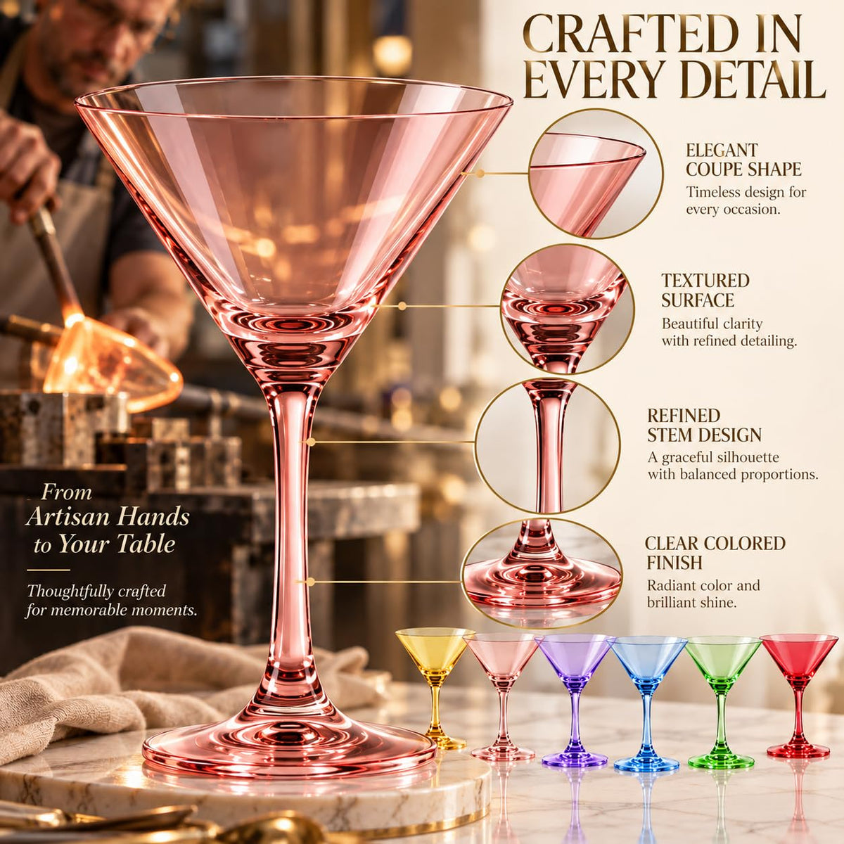 Martini Glasses Set of 6, 8oz Crystal Hand-Blown Colored J557146