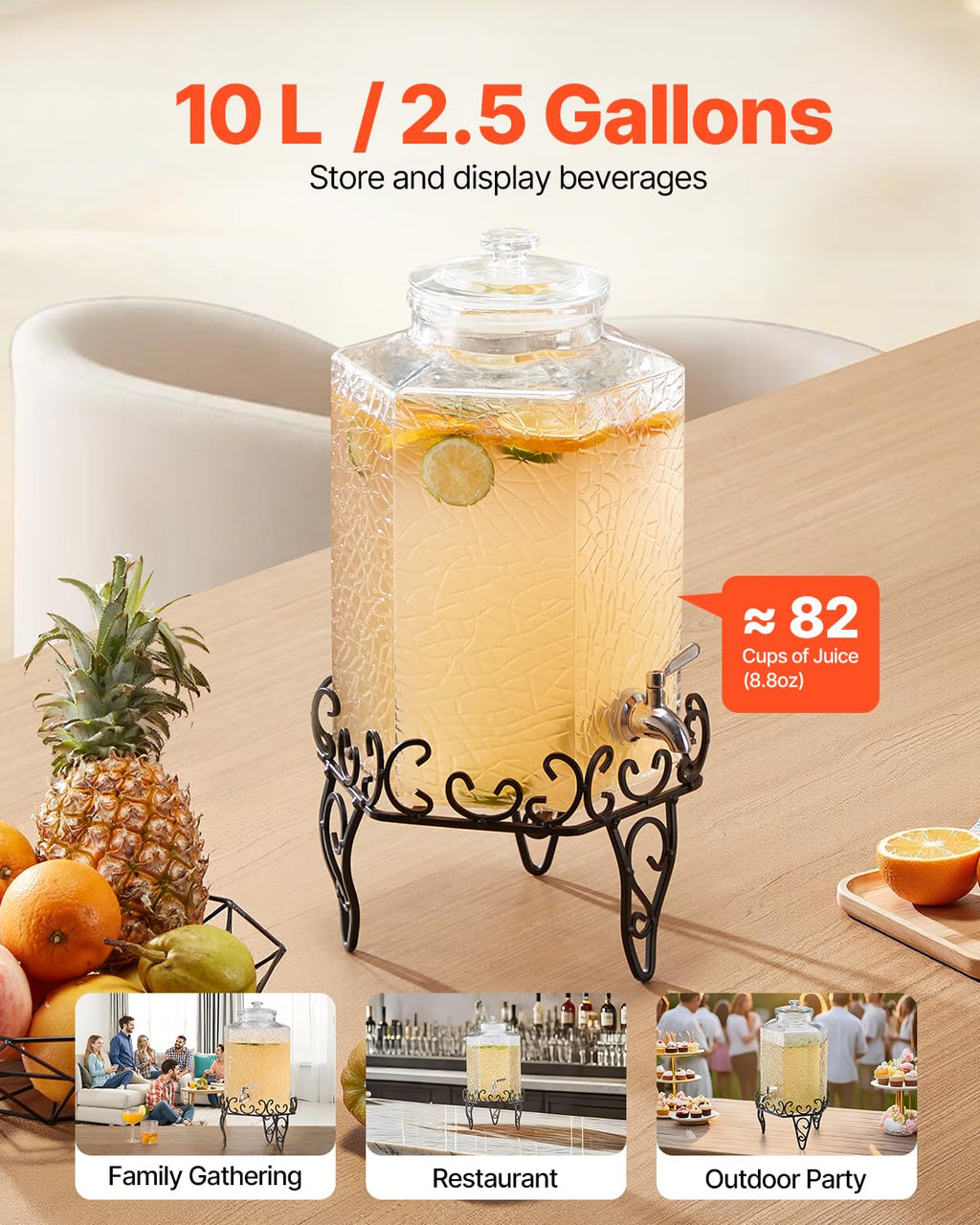2.5 Gallon Glass Beverage Dispenser with Metal Stand H809