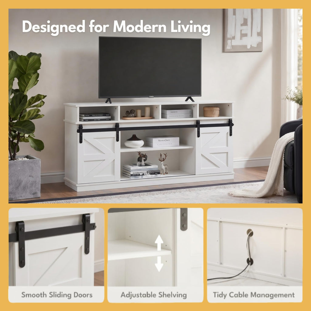 White Farmhouse TV Stand with Sliding Barn Doors H55489