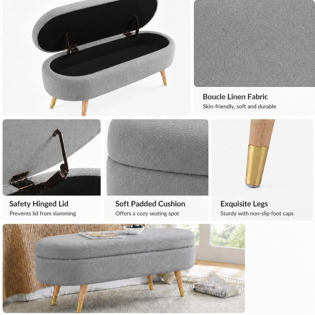 Oval Boucle Storage Ottoman with Wooden Legs S835462