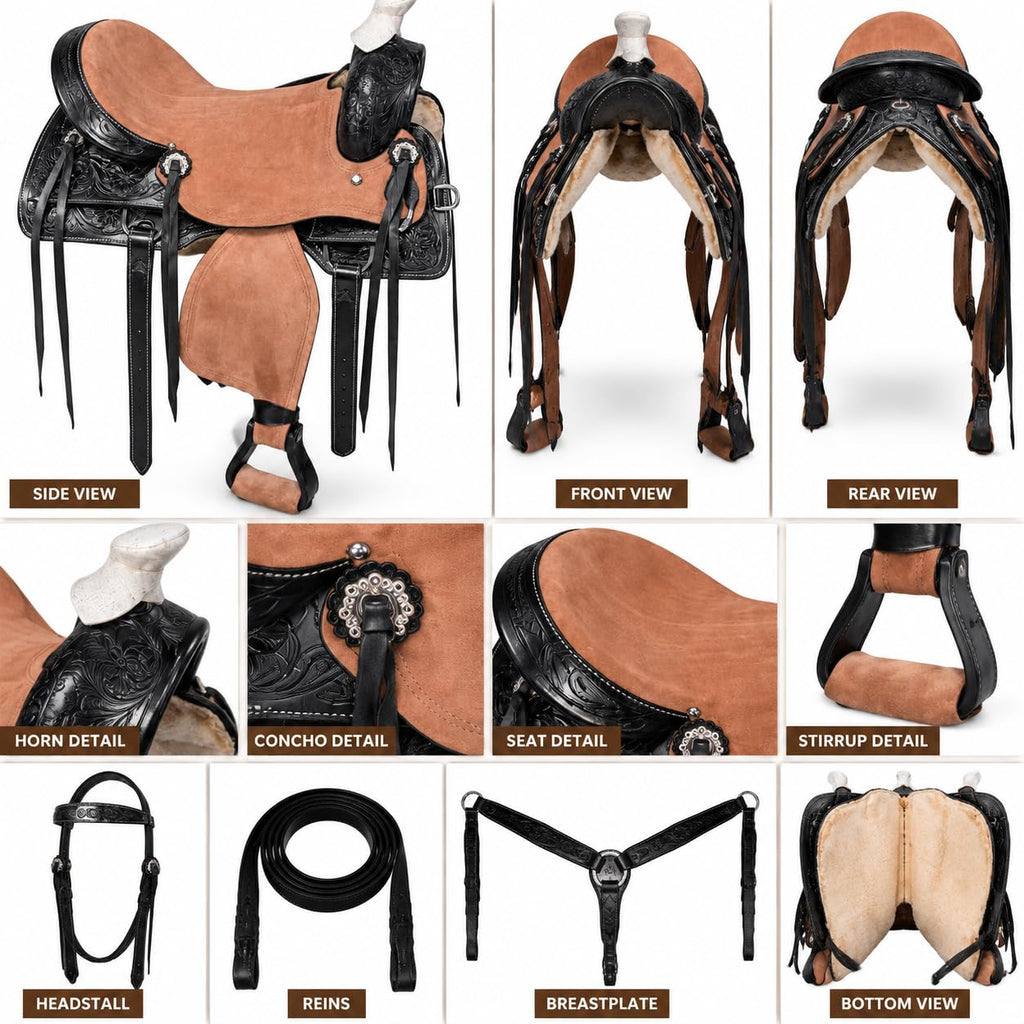 Argentina Cow Leather Saddle Set with Headstall, Reins & Breastplate U7518