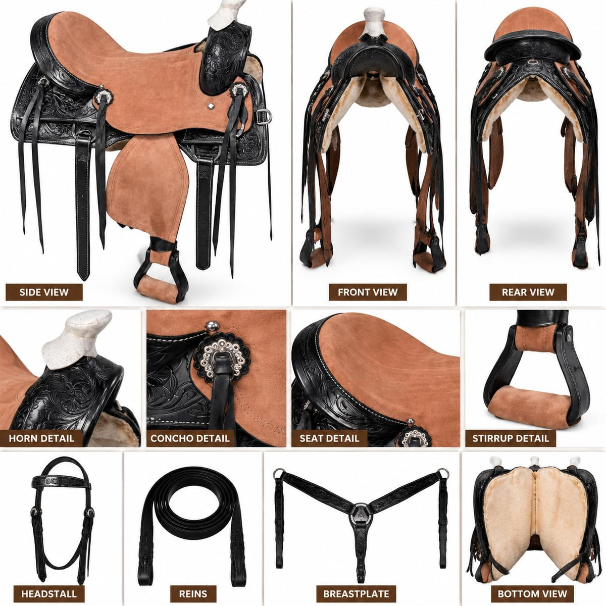 Argentina Cow Leather Saddle Set with Headstall, Reins & Breastplate U7518