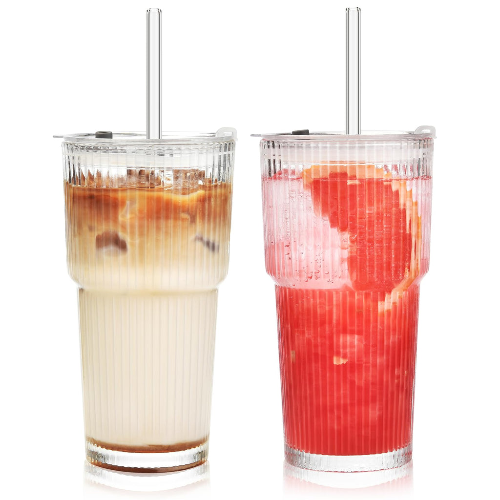 20 oz Ribbed Glass Tumbler with Lids and Straws, Pack of 2 C4117