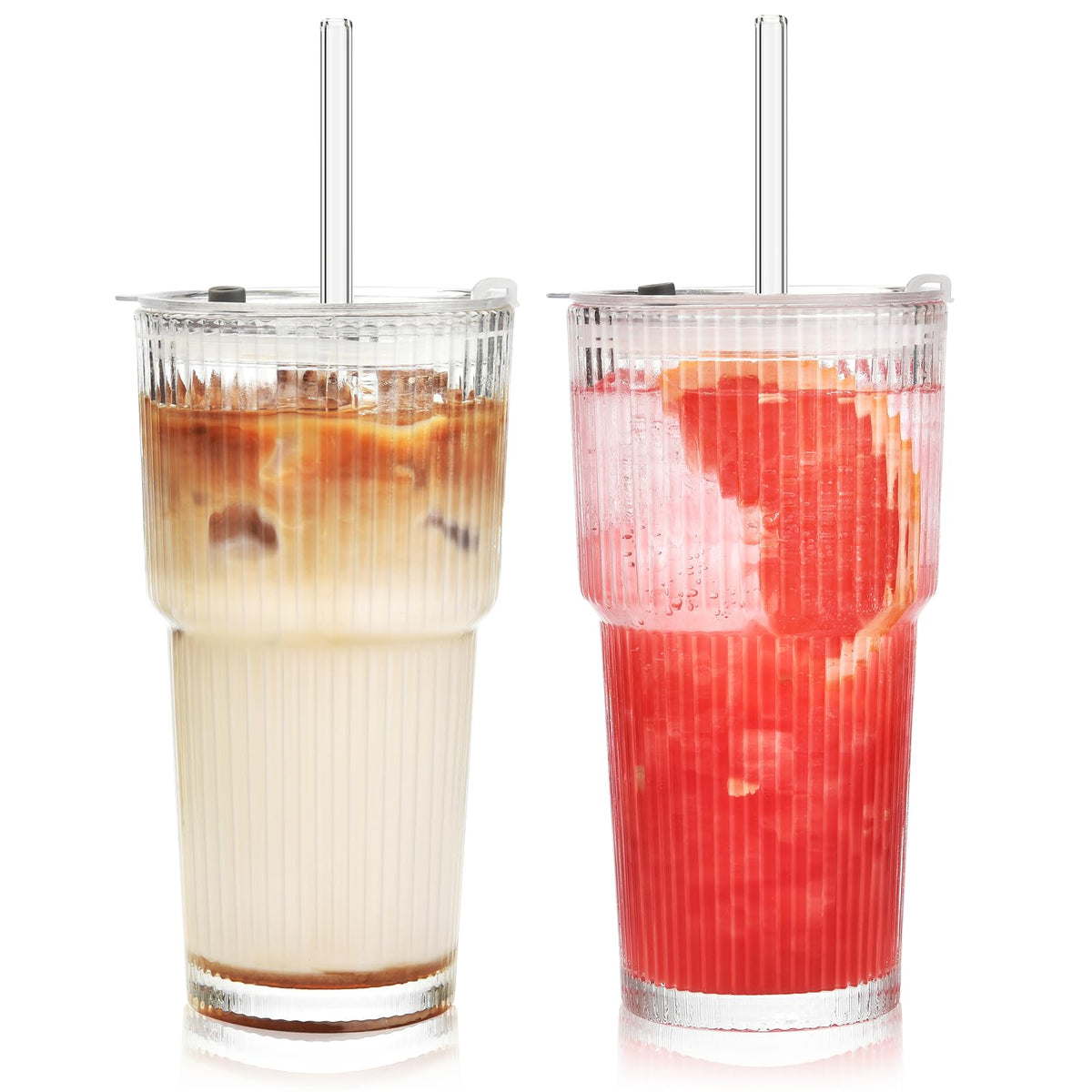 20 oz Ribbed Glass Tumbler with Lids and Straws, Pack of 2 C4117