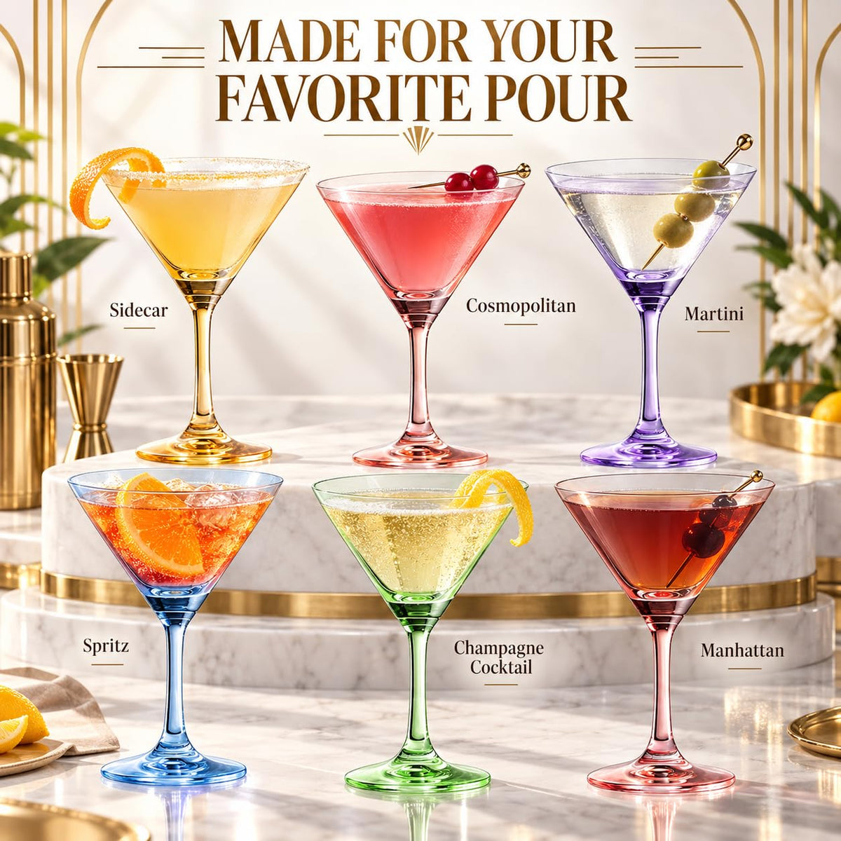Martini Glasses Set of 6, 8oz Crystal Hand-Blown Colored J557146