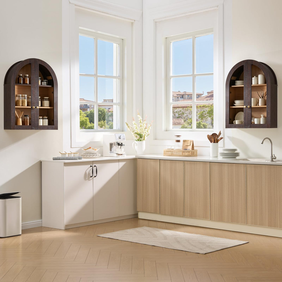 Arched Wall Cabinet with Glass Doors & Adjustable Shelves, 23.5×31.4 Inch X66524