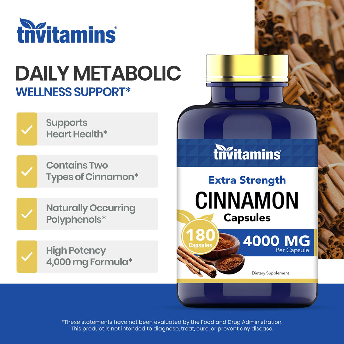Cinnamon Capsules 4,000 mg Equivalent 180 Capsules C610