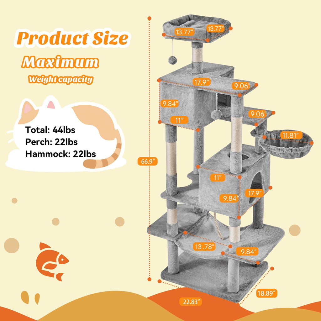 66 Inch Cat Tree Tower with Sisal Scratching Post Z32541