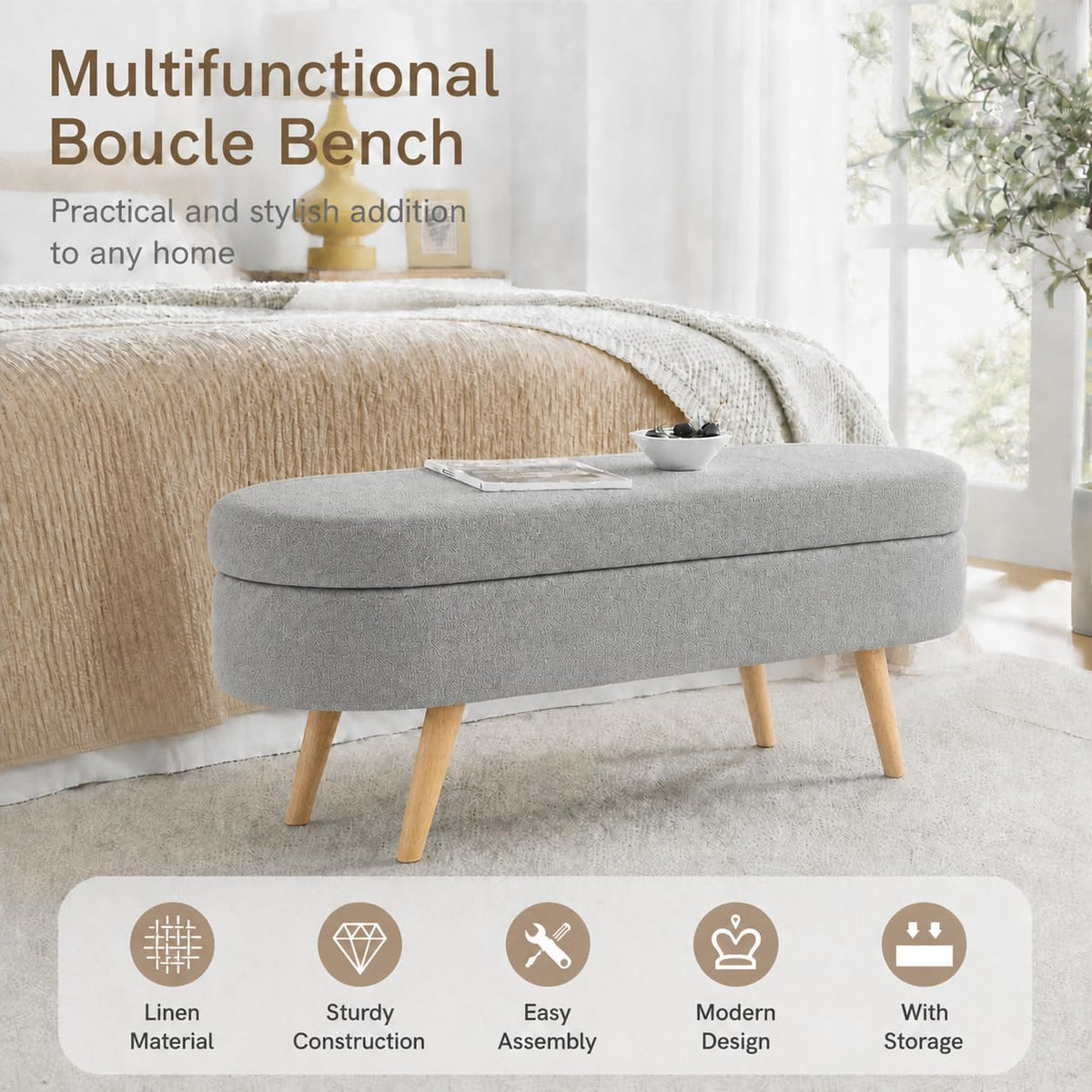 Oval Boucle Storage Ottoman with Wooden Legs S835462