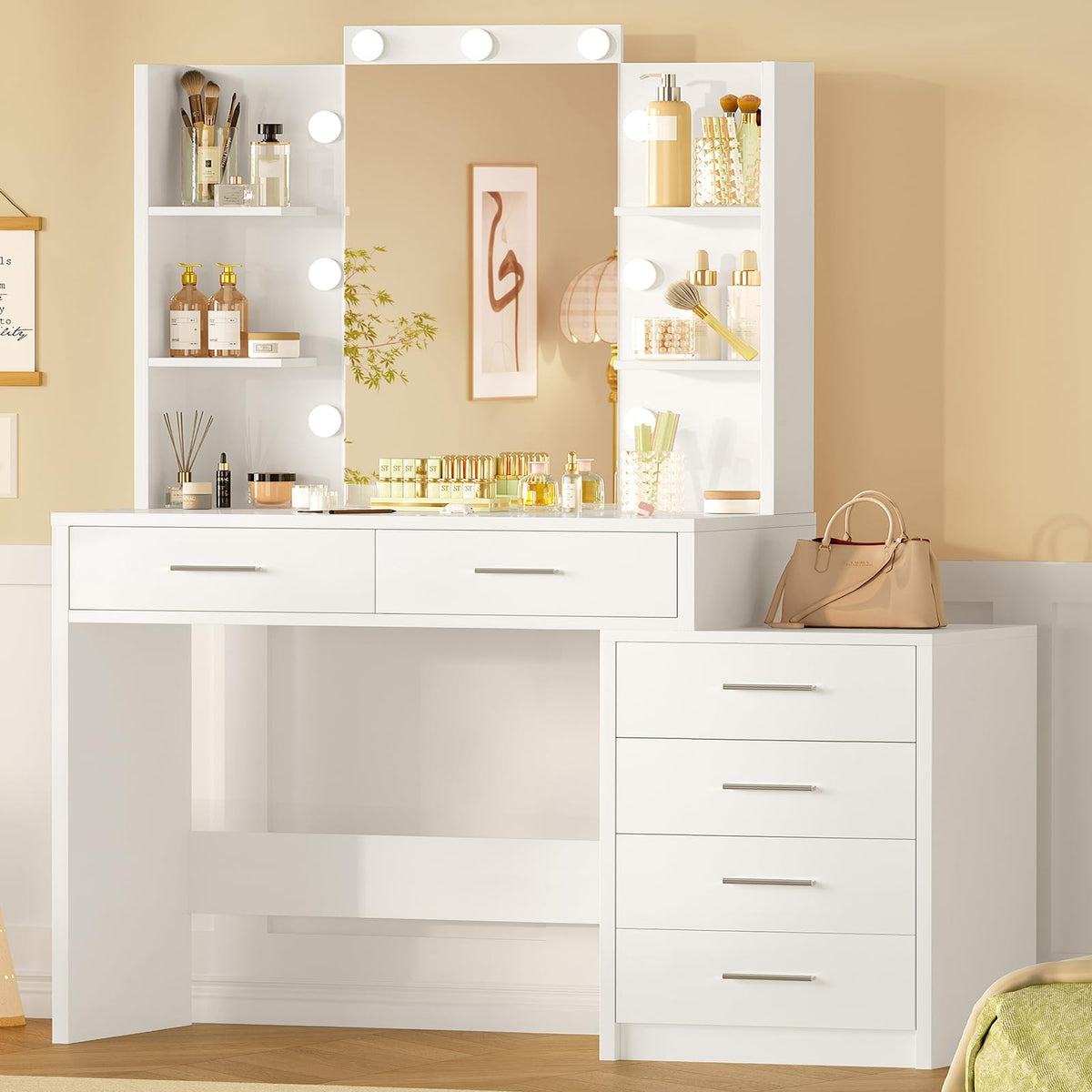 41.3" White Vanity Desk with Mirror and 9 LED Lights G7997