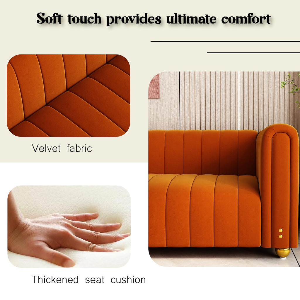 81" Orange Velvet Tufted Sofa 3 Seater with Metal Legs H3814