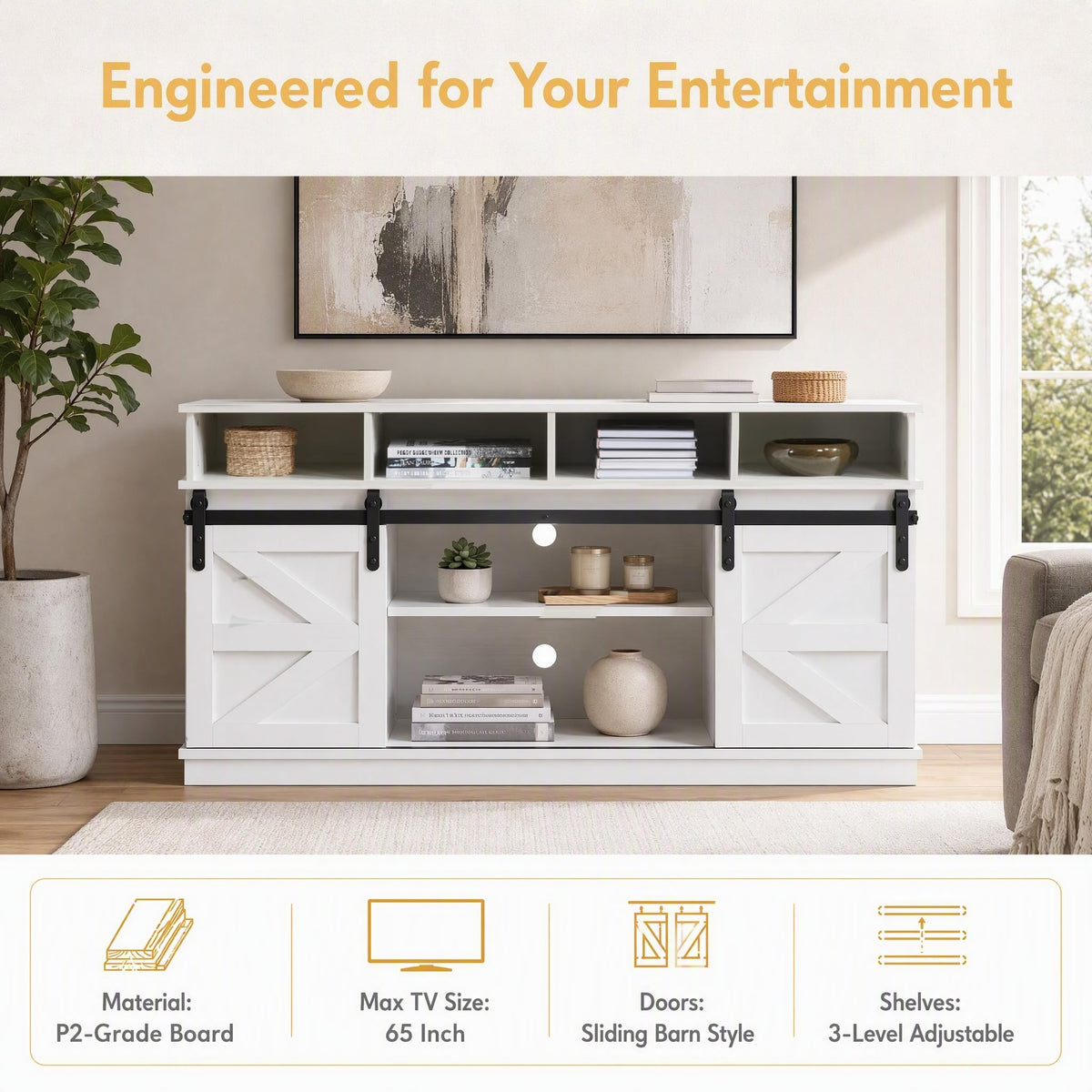 White Farmhouse TV Stand with Sliding Barn Doors H55489