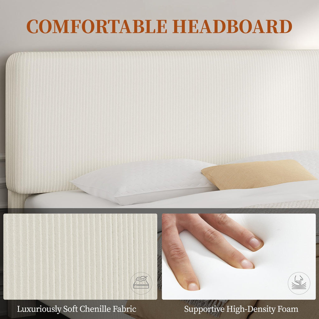 Twin Bed Frame with Adjustable Chenille Upholstered Headboard, Beige F357450