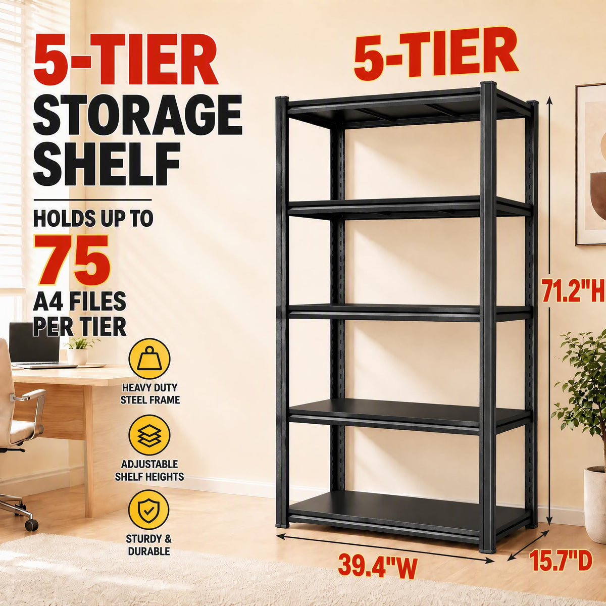 5 Tier Black Metal Bookshelf E8938