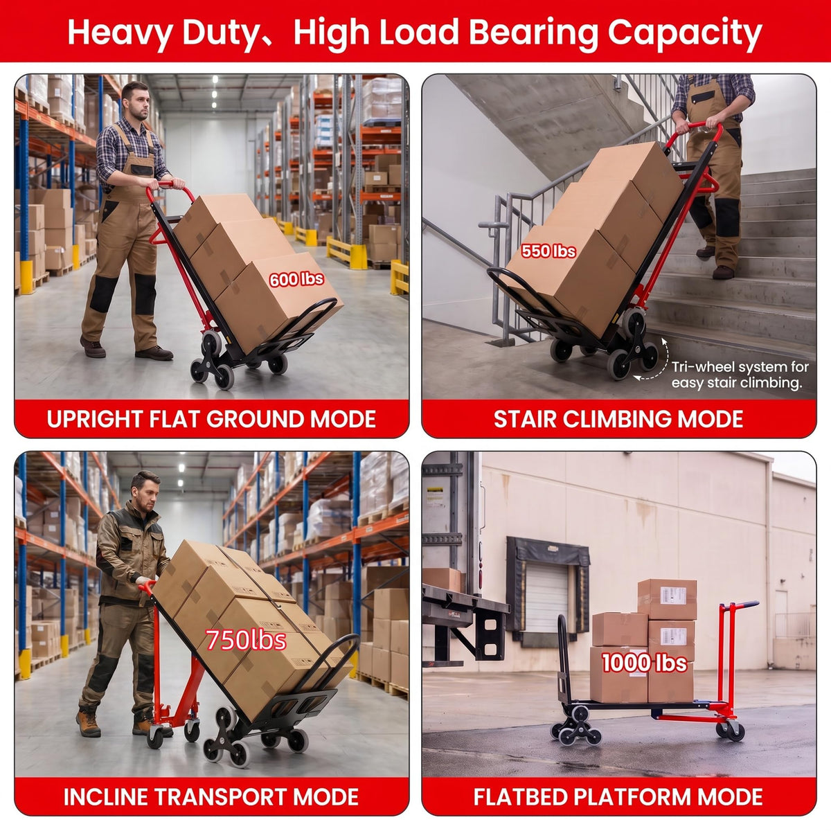 Heavy Duty 1000LBS Stair Climbing Convertible Hand Truck Cart with Solid Wheels H5832