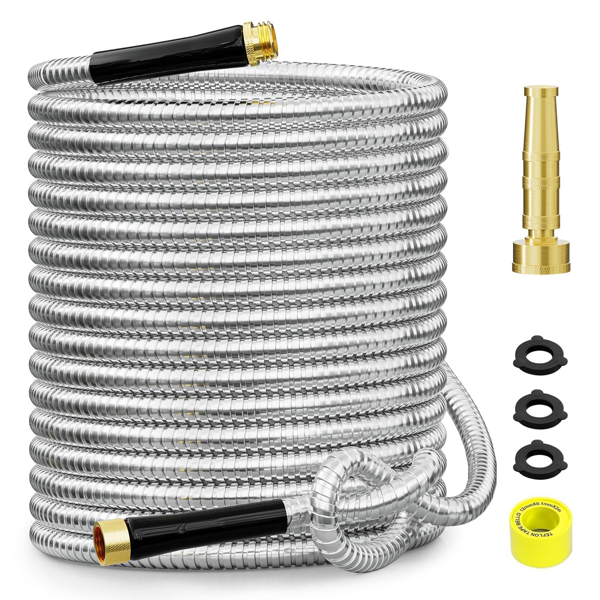 100ft 304 Stainless Steel Metal Garden Hose with Rubber Grip D4865
