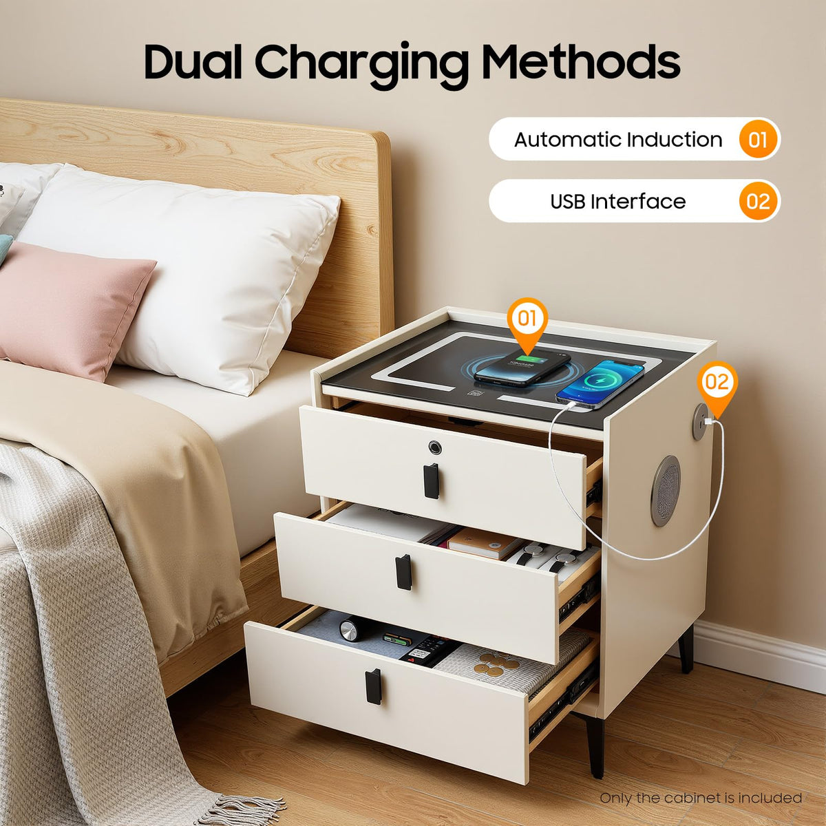 3 Drawer Smart Nightstand with Bluetooth Speaker USB Charging X8401
