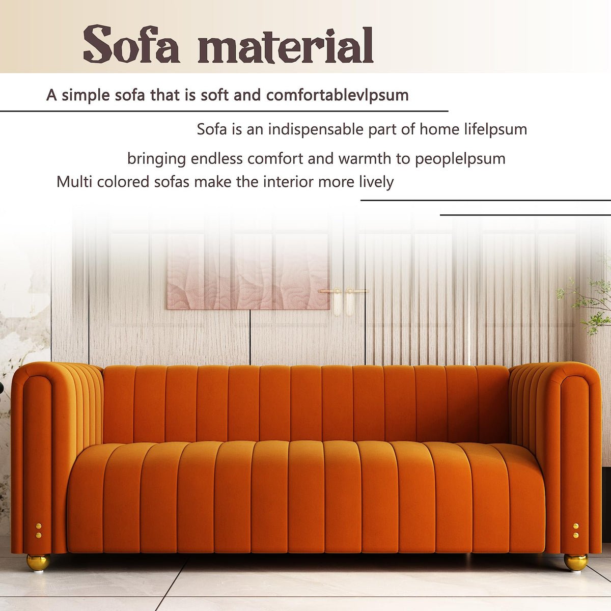 81" Orange Velvet Tufted Sofa 3 Seater with Metal Legs H3814