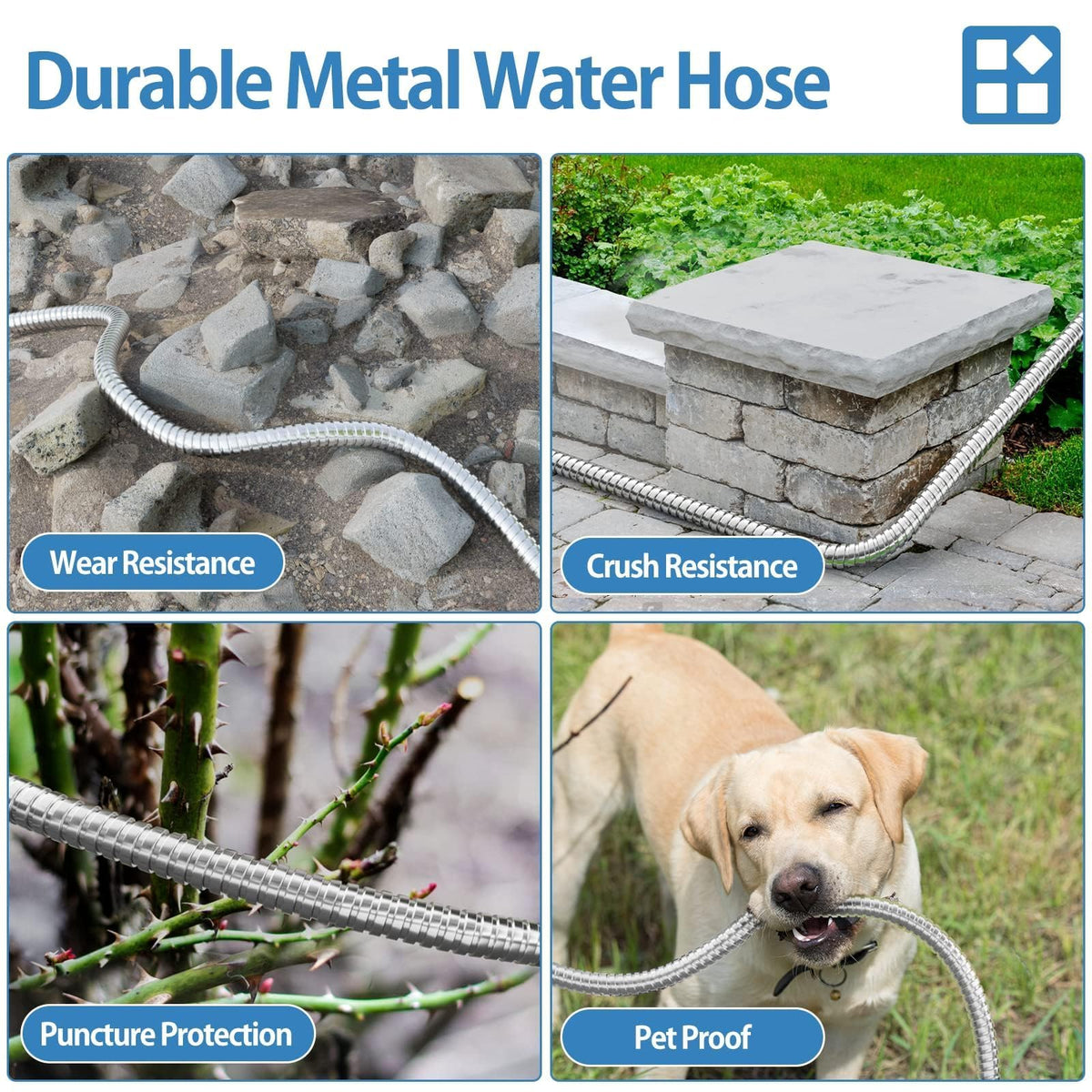 100ft 304 Stainless Steel Metal Garden Hose with Rubber Grip D4865