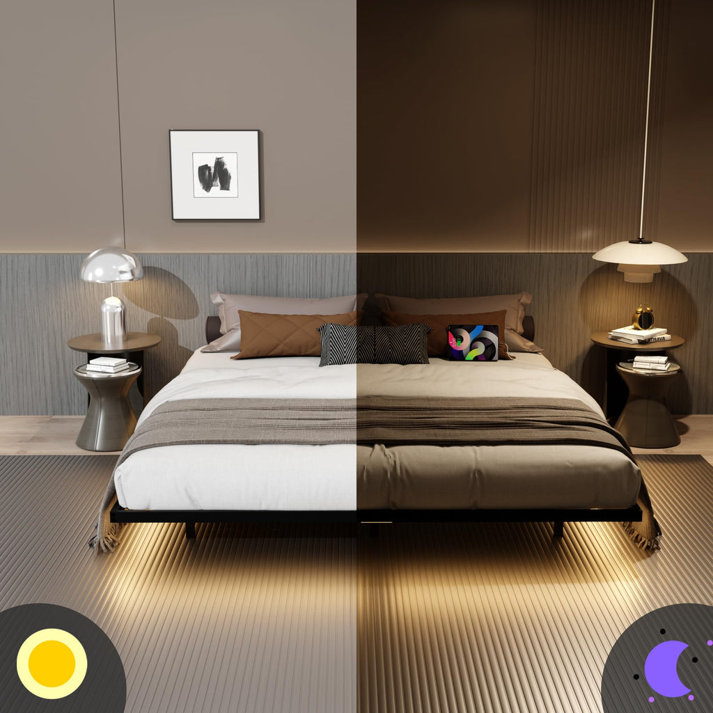 King Size Metal Platform Bed Frame with Charging Station and LED Lights F163734