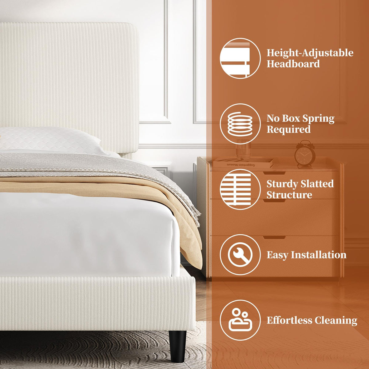 Twin Bed Frame with Adjustable Chenille Upholstered Headboard, Beige F357450