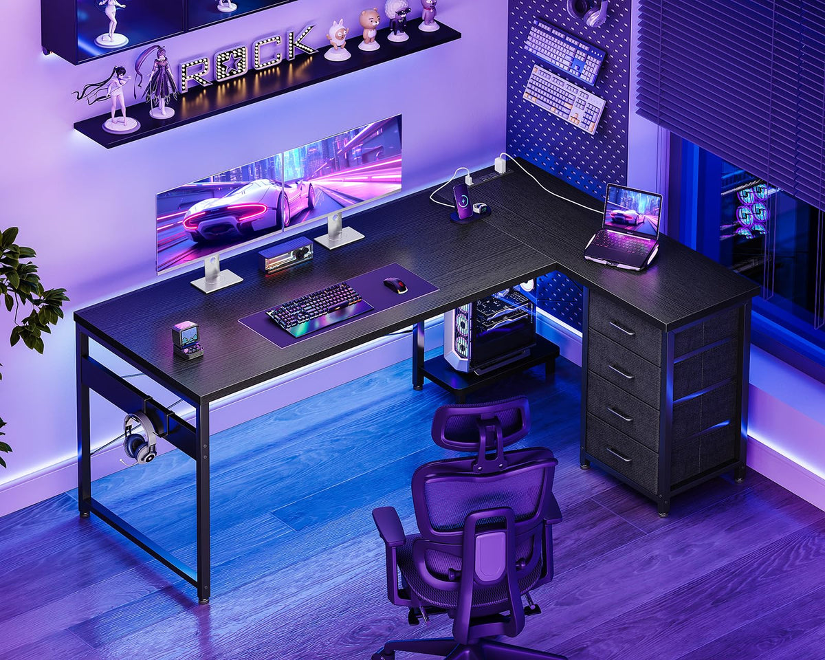 61" L Shaped Gaming Desk with 4 Drawers and Power Outlets, Black X545024