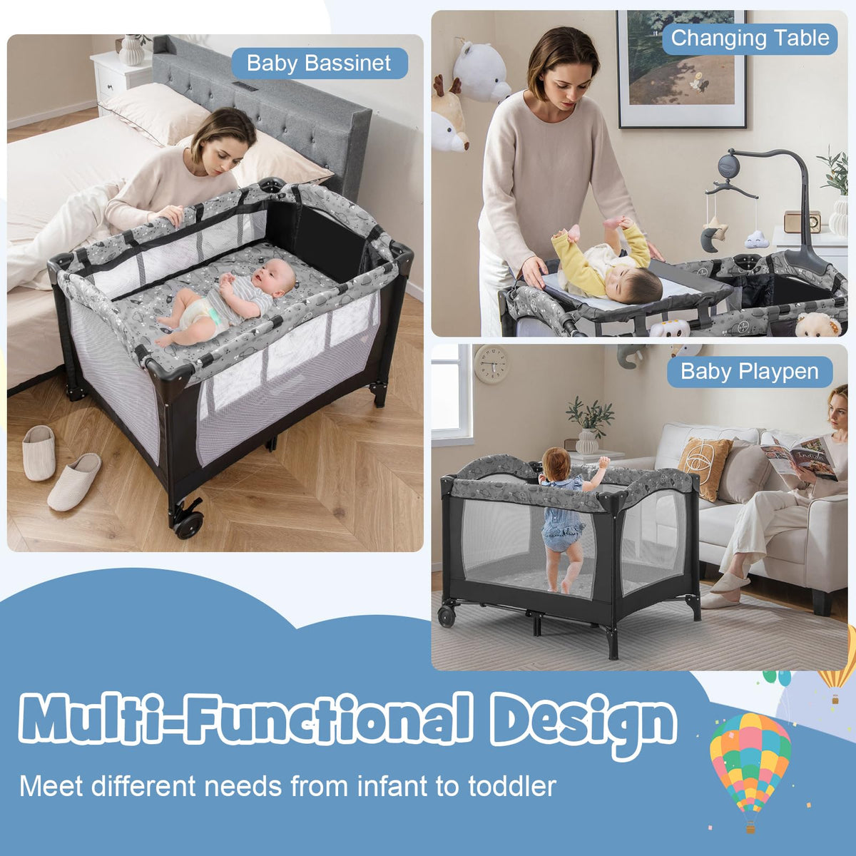 4 in 1 Portable Baby Playard with Bassinet and Changing Table R677032