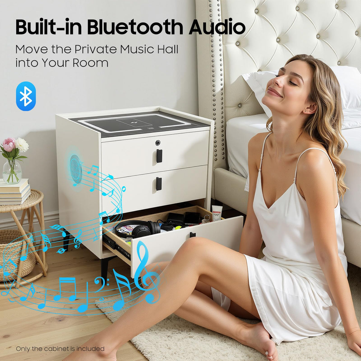 3 Drawer Smart Nightstand with Bluetooth Speaker USB Charging X8401