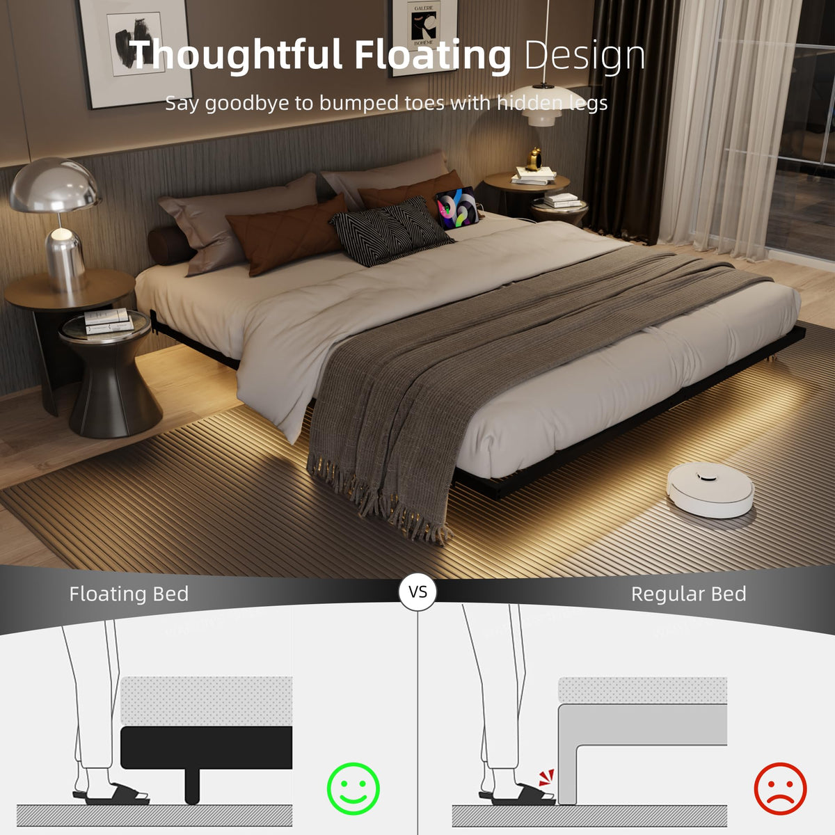 King Size Metal Platform Bed Frame with Charging Station and LED Lights F163734