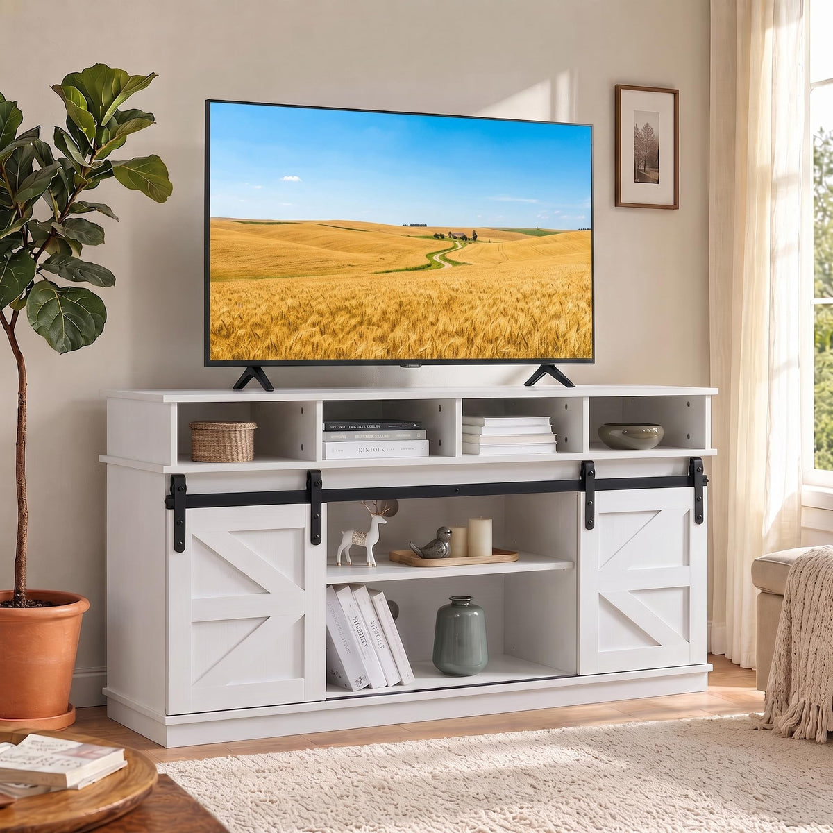 White Farmhouse TV Stand with Sliding Barn Doors H55489
