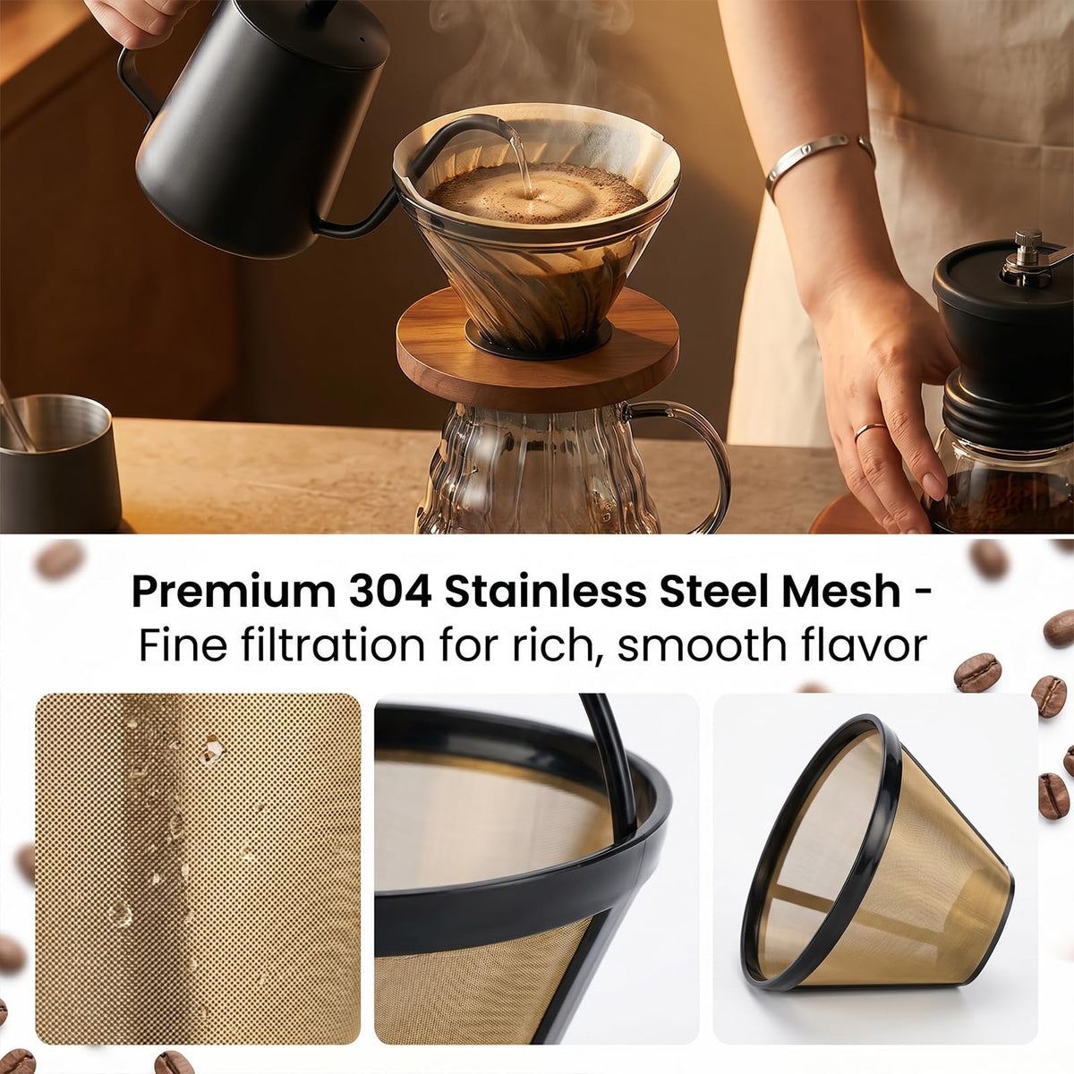 2 Pcs #4 Cone Reusable Stainless Steel Mesh Coffee Filters H4151